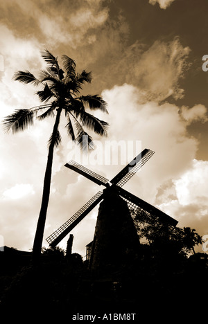 Barbados restored working Morgan Lewis windmill for processing sugar cane - sepia monochrome sillhouette Stock Photo