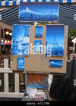 blue paintings at Place du Tertre Montmartre Paris France Stock Photo