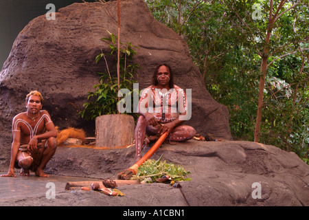 Body Painted Tjappukai Aboriginal natives with Didgeeridoo in Cairns Australia Queensland Stock Photo