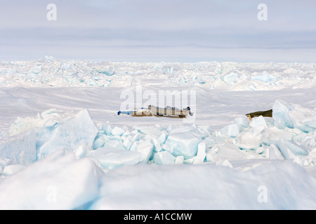 Hopson One spring whaling camp on a flat pan of ice over the frozen Chukchi Sea off Point Barrow Arctic Alaska Stock Photo