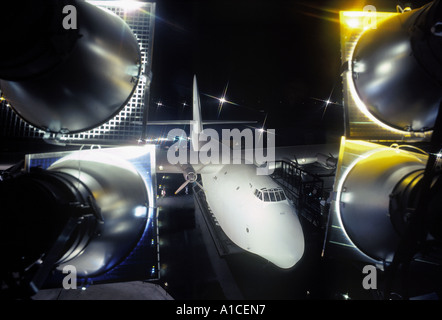 The Spruce Goose as seen from behind a cluster of spotlights inside exhibition dome in Long Beach, California Stock Photo