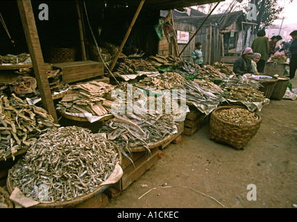 Myanmar Burma Lashio commerce Shan market dried fish stall Stock Photo