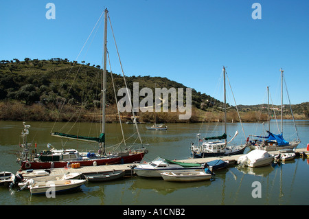 Ammerican and British yachts moored at Pomarao near Mertola Baixo Alentejo Portugal europe Stock Photo