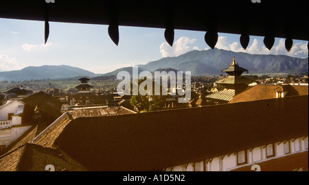 View out of window of Taleju temple looking over Kathmandu valley Nepal Asia looking towards swayambhunath Swayambhu complex Stock Photo