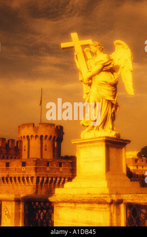 Italy Rome Ponte Sant Angelo and Castel San Angelo Statue of angel by Bernini Stock Photo