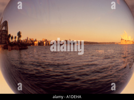 Abstract view of Sydney Opera House and the Harbour Bridge through a crystal ball Stock Photo