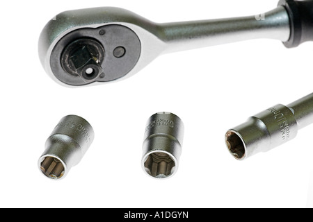 Tool, sockets and ratchet wrench made of chrome vanadium steel on white background Stock Photo