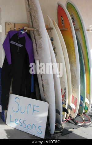 Huntington Beach California,Pacific Coast Highway,Municipal Pier,information,broadcast,publish,message,advertise,market,brand,surf lessons,surfboards Stock Photo