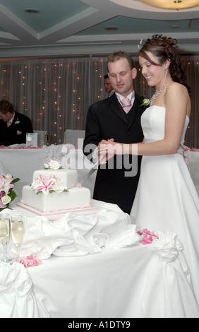 young couple cutting their wedding cake Stock Photo