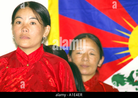 Young old  woman dancer performer of tibetan arts dance in front of national flag of tibet Stock Photo