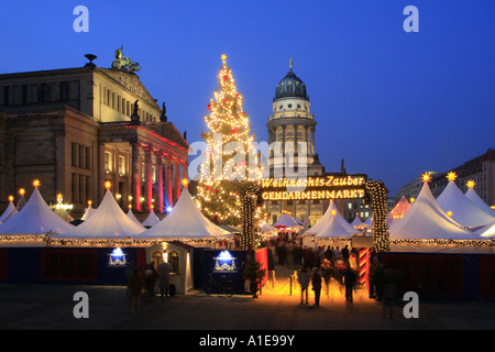 christmas market WeihnachtsZauber at the Gendarmenmarkt with view on the French Cathedral in Berlin, Germany, Berlin Stock Photo