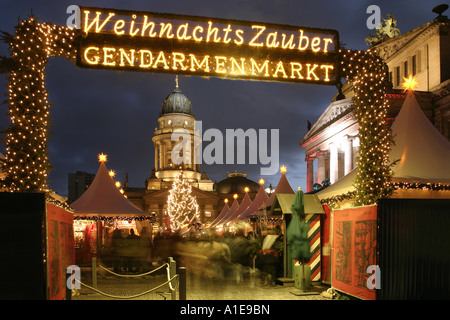 christmas market WeihnachtsZauber at the Gendarmenmarkt with view on the German Cathedral in Berlin, Germany, Berlin Stock Photo