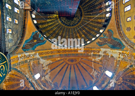 View looking up to the spectacular domed ceiling of the Aya Sofya, showing Koran inscriptions, Istanbul, Turkey. DSC 7295 Stock Photo