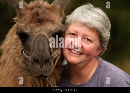 Woman with llama, middle aged, midlife Stock Photo