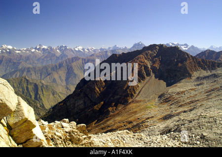 View of Chamba Valley and Pir Panjal range of Indian Himalaya from Indrahar pass 4375m Stock Photo