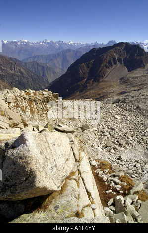 View of Chamba Valley and Pir Panjal range of Indian Himalaya from Indrahar pass 4375m Stock Photo