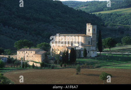 Romanesque abbey Abbazia di Sant Antimo Castelnuovo dell Abate, Tuscany Italy Stock Photo