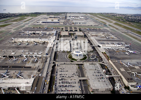 Aerial image of airplanes and runways at LAX airport Los Angeles ...