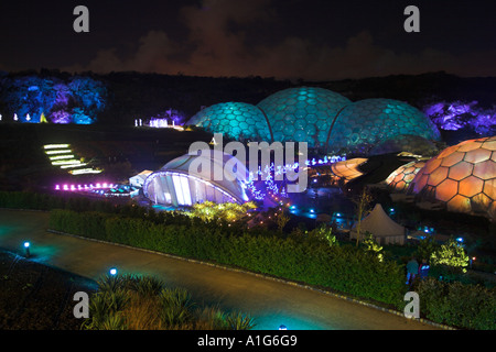 The Eden Project Biomes colourfully lit at night Stock Photo