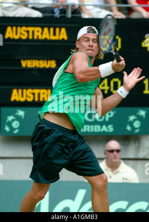 Lleyton Hewitt of Australia in action against Jurgen Melzer of Austria in 2005 Davis Cup Tennis in Sydney Stock Photo
