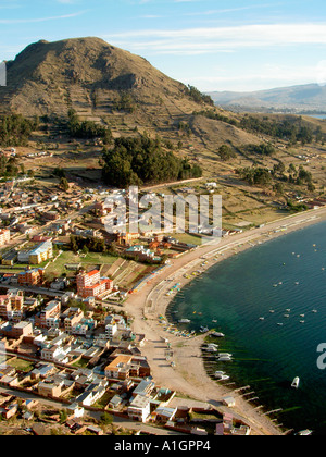 The small and charming town of Copacabana on the Bolivian side of Lake Titicaca. Stock Photo