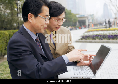Side profile of two businessmen using a laptop Stock Photo