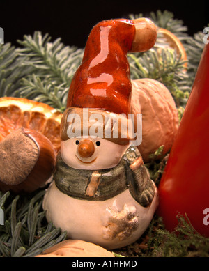 Christmas arrangement with snowman in santa claus costume Stock Photo