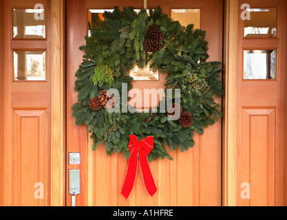 Christmas wreath on front door. Stock Photo