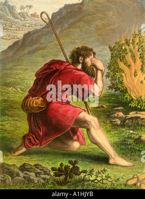 Exodus Moses Before the Burning Bush at which Moses was appointed by Yahweh (God) to lead the Israelites out of Egypt and into Canaan Stock Photo