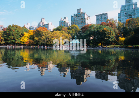 New York Central Park The Boat Pond (The Conservatory Water), (Boat Basin) in autumn New York City. Trees turning color. Fifth Avenue buildings. USA Stock Photo