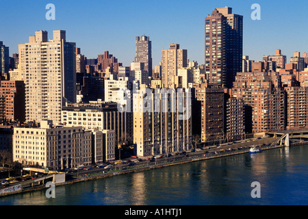 New York City Aerial of the East River and Buildings on the FDR Drive Upper East Side Manhattan USA Stock Photo