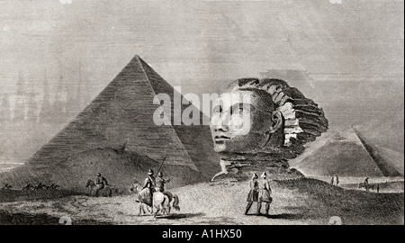 The first and second pyramid of Gizah, Ancient Memphis and head of the Colossal Sphinx, seen here in the early 19th century Stock Photo