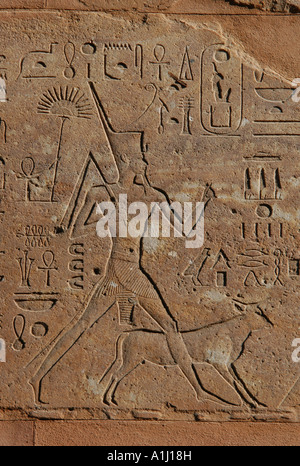 Queen Hatshepsut in the bas-relief from Hatshepsut's Red Chapel in the Karnak Temple near Luxor (Thebes), Egypt. Stock Photo