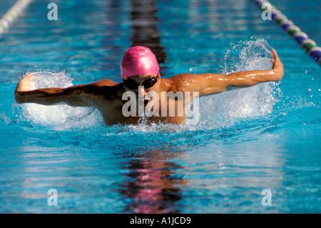 Asian American swimmer butterfly stroke Stock Photo