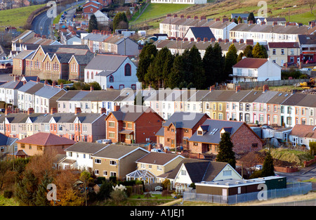 View over the village of Abertysswg in the Rhymney Valley South Wales UK EU with mixed housing stock of terraced and detached Stock Photo