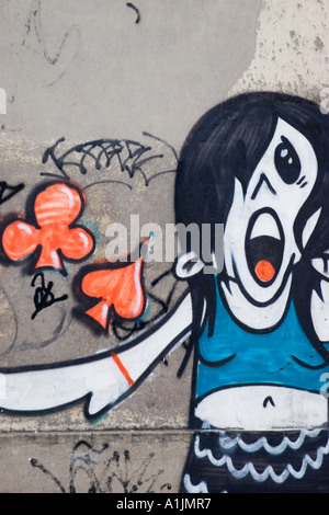 Rio Graffiti F - Shouting girl with hearts and spades Stock Photo