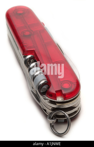 Swiss army knife pen sharp tool blade metal steel plastic red chrome multipurpose multifunctional multi function purpose Stock Photo