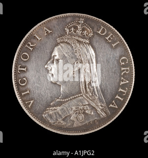 one florin tenth pound Victoria Victorian queen empress empire widow royal silver crown two old bun 1887 dei gratia reg fid def Stock Photo