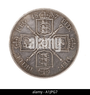 one florin tenth pound Victoria Victorian queen empress empire widow royal silver crown two old bun 1887 dei gratia reg fid def Stock Photo