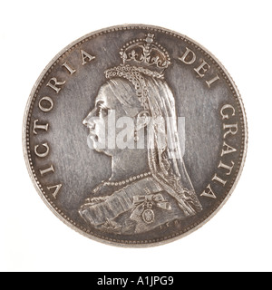 one florin tenth pound Victoria Victorian queen empress empire widow royal silver crown two old bun 1887 dei gratia reg fid def Stock Photo