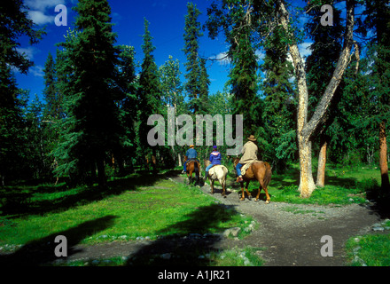 people, tourists, horseback ride, horseback riders, horseback riding, Wood River Valley, Alaska Range, east of Denali National Park, Alaska Stock Photo