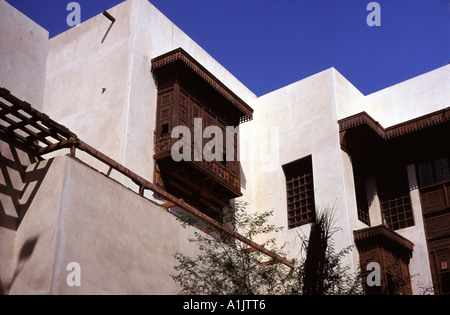 Egyptian style Mashrabiya oriel window enclosed with carved wood latticework of the Gayer Anderson Museum in Cairo Egypt Stock Photo