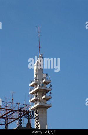 View of the Marganit tower with antennas and other transmission equipment at the Kirya the major Israeli military base Camp Rabin in Tel Aviv Israel Stock Photo