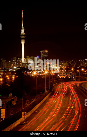 Northern Motorway and Skytower at night Auckland North Island New Zealand Stock Photo