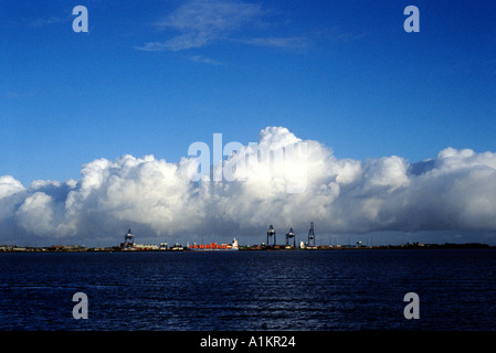 snow clouds over felixtowe freight port Stock Photo