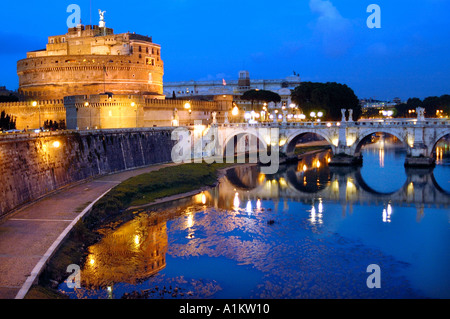 Castel Sant Angelo and the Sant Angelo bridge over the Tiber river at night Rome Italy Stock Photo