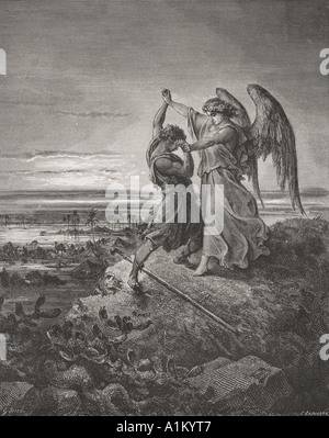 Engraving from the The Dore Bible illustrating Genesis xxxii 24 to 32. Jacob Wrestling With The Angel by Gustave Dore Stock Photo