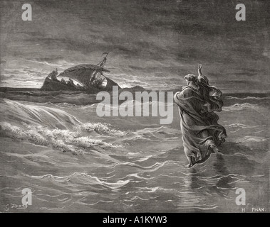 Engraving from the The Dore Bible illustrating John vi 19 to 21. Jesus Walking on the Sea by Gustave Dore Stock Photo