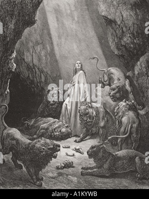 Engraving from The Dore Bible illustrating Daniel vi 16 and 17.  Daniel in the Den of Lions by Gustave Dore Stock Photo