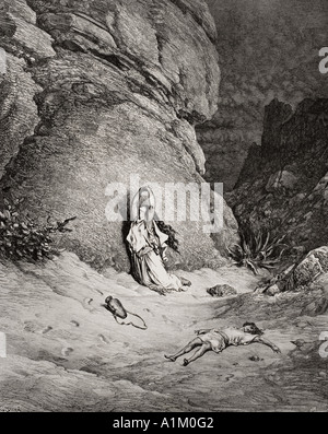 Engraving from The Dore Bible illustrating Genesis xxi 14 to 19. Hagar and Ishmael in the Desert by Gustave Dore Stock Photo